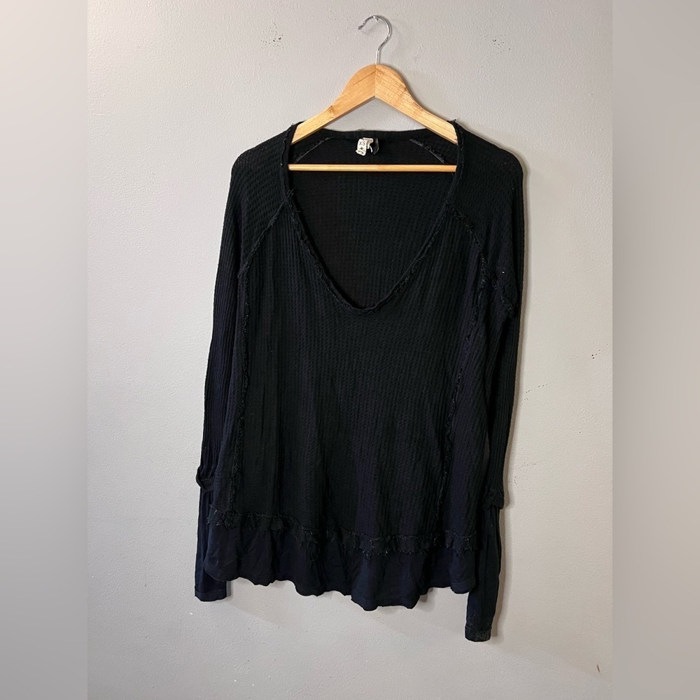 Free People Black V-neck Shirt Oversized Women’s Size XS Thermal Waffle Knit